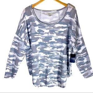 🆕 NWT Lucky Brand Women Size 2XL Tee Shirt Gray Camo Long Sleeves Round Neck